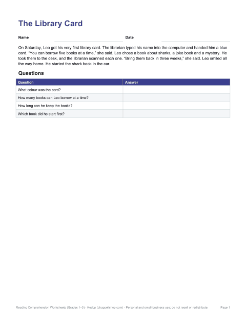 Preview of the first page of The Library Card (Grade 2)
